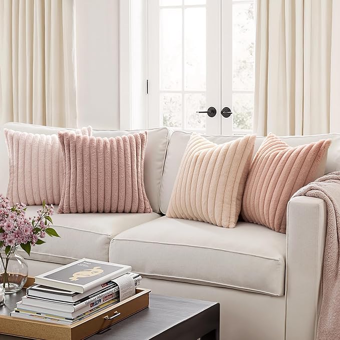 MIULEE Faux Fur Plush Decorative Throw Pillow Covers 24x24 Set of 4, Valentine's Day Cute Modern Soft Romantic Fuzzy Striped Cushion Covers Girl for Sofa Couch Bed Living Room Cozy Home Decor,Pink
