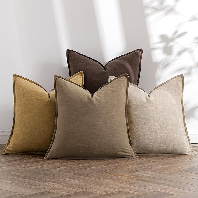 MIULEE Neutral Gold/Brown Boho Linen Pillow Covers 18x18 Inch Pack of 4 | Natural Decorative Throw Pillow Covers Soft Farmhouse Couch Pillowcases Modern Decor for Living Room Bed Sofa