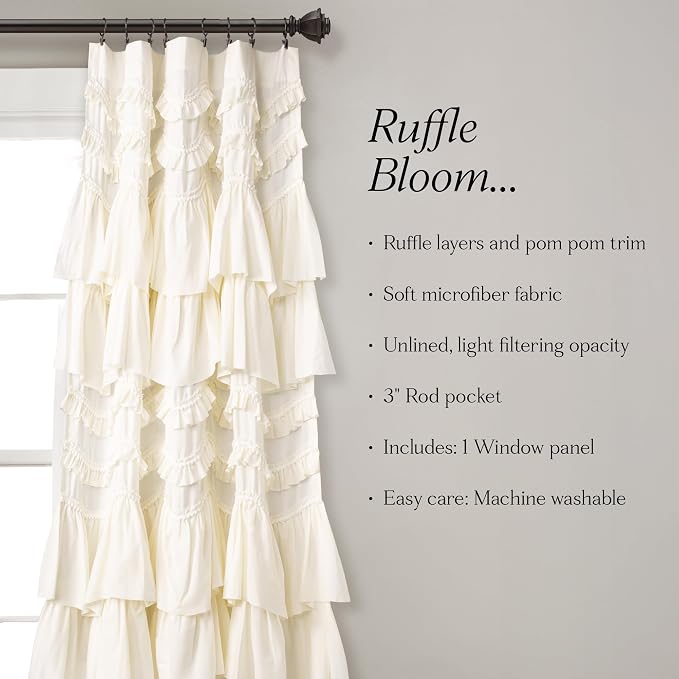 Lush Decor Kemmy Light Filtering Window Curtain Panel Single Ivory - Drapes - Ruffled Curtains for Bedroom - Cream Curtains - Coquette Decor,52" W x 84" L (Pack of 4)