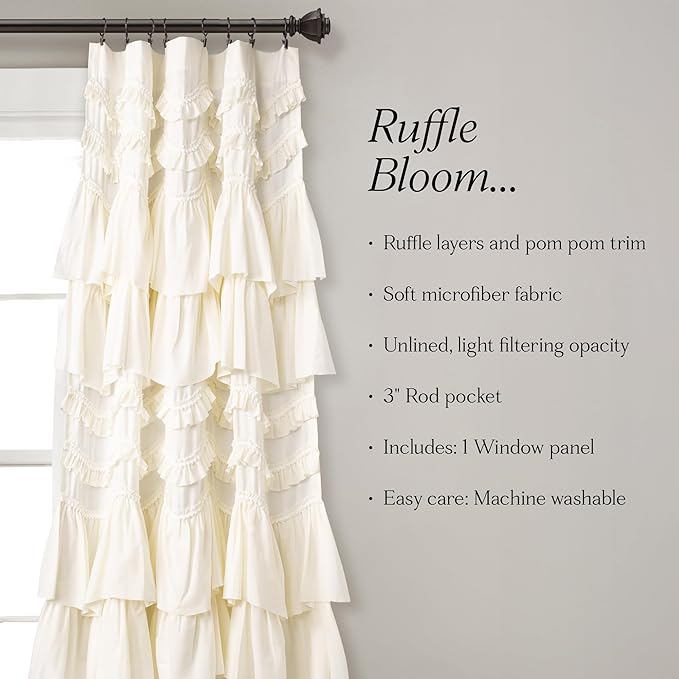 Lush Decor Kemmy Light Filtering Window Curtain Panel Single 52" W x 63" L Ivory - Drapes - Ruffled Curtains for Bedroom - Cream Curtains - Coquette Decor