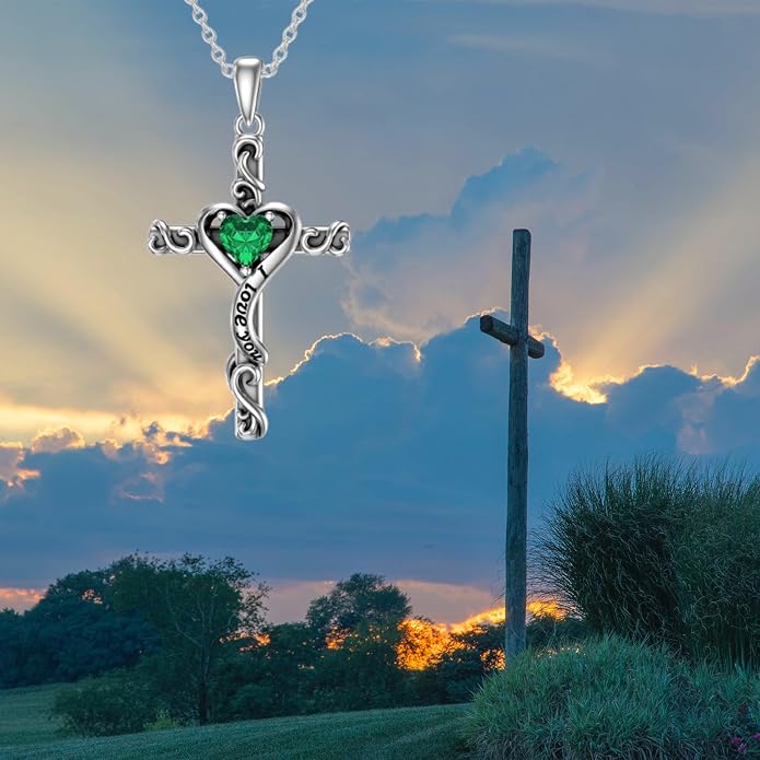 TOUPOP Cross Birthstone Necklace for Women 925 Sterling Silver Heart Cross Pendant I Love You Jewelry Anniversary Birthday Mothers Day Gifts for Mom Wife Her