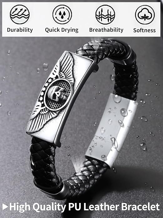 ChainsHouse Mens Wrap Braided Leather Black Bead Bracelets Bangles, Vintage Star of David/Wing Skull/Templar Cross Genuine Leather Bracelet, Customize Available, Size 7.5/8.3/9.0 Inch, Send Gift Box