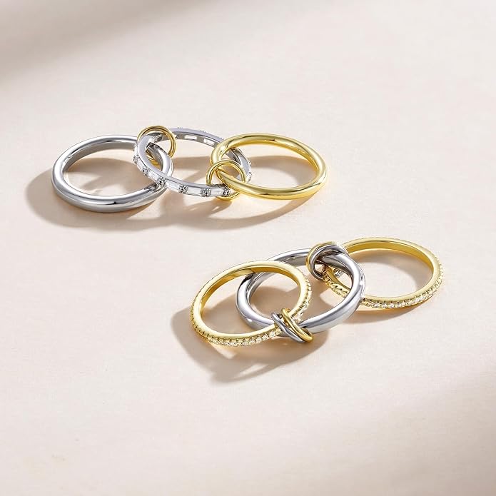 KissYan Stackable Rings for Women, 14k Gold Plate Interlocked Multi Ring Set Dainty Pave CZ Personalized Fashion Two-Toned Mixed Metals Stacking Jewelry Trendy Statement Gift