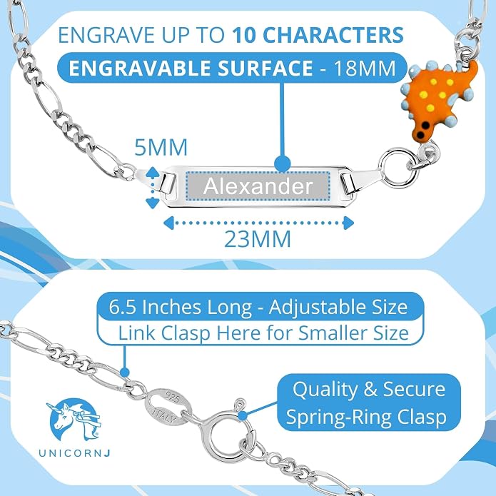 UNICORNJ 925 Italy Sterling Silver Child or Baby Name Bracelet Girls Boys, Personalized Engraved Kids ID Bracelets, 6.5" Figaro Chain, Enamel Charm Newborn Infant Toddler Kid Jewelry