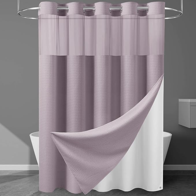 EUTXL Heavyweight Lavender No Hook Shower Curtain with Snap in Liner,256GSM Waffle Weave Shower Curtains for Bathroom,71W x 74H