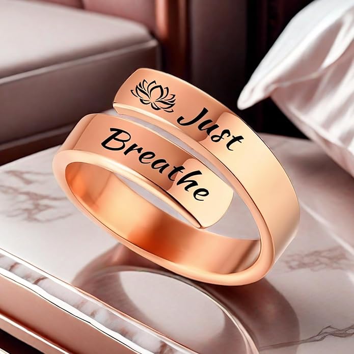 HUASAI Just Breathe Hope Rings for Women Adjustable Tarnish Resistant Stainless Steel Inspirational Jewelry Gifts
