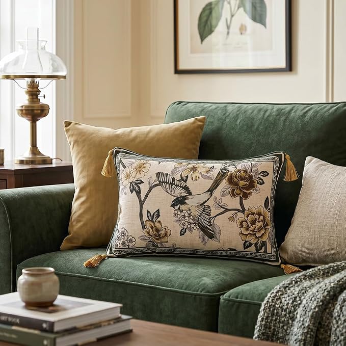 ISAENNE Vintage Elegant Linen Rectangle Throw Pillow Cover,20"x12"-Murad A | Designer French Decor Pillow Cover,Concealed Zipper Design,Floral and Bird Pattern,Sofa,Bedroom,Living Room,Lounge Chairs