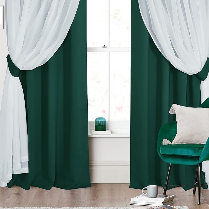 PONY DANCE Bedroom Curtains Blackout - Sheer Drapes Crushed with Grommet Top Treatments Decoration for Short Windows, 52 x 63 in, Hunter Green, 2 Panels