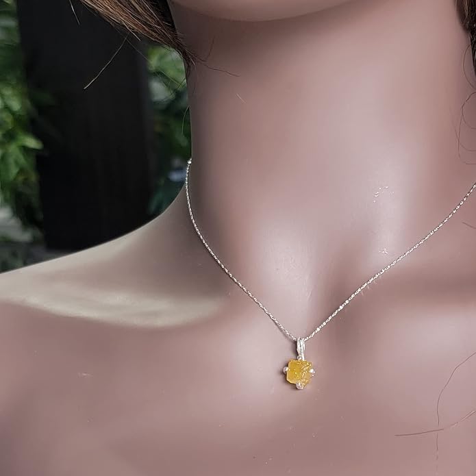 Natural raw gemstone pendant chain necklace with white gold over 925 solid sterling silver, birthstone dainty solitaire gift for her, uniquelan jewelry