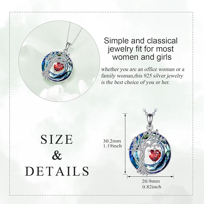 POPLYKE Mothers Day Gifts for Mom Her Wife Tree of Life Necklace 925 Sterling Silver Birthstone Pendant with Crystal Anniversary Birthday Wedding Jewelry for Women