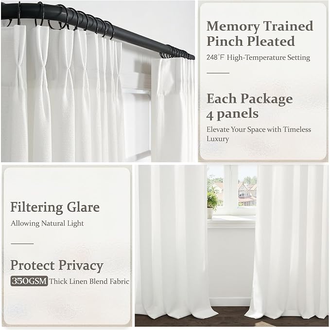 Pure White Pinch Pleated Bedroom Curtains 84 Inches Long 4 Panels Set, Memory Trained Pleat Linen Blend Textured Viral Drapes Semi Sheer Light Filtering Privacy Curtain for Living Room Window Burg