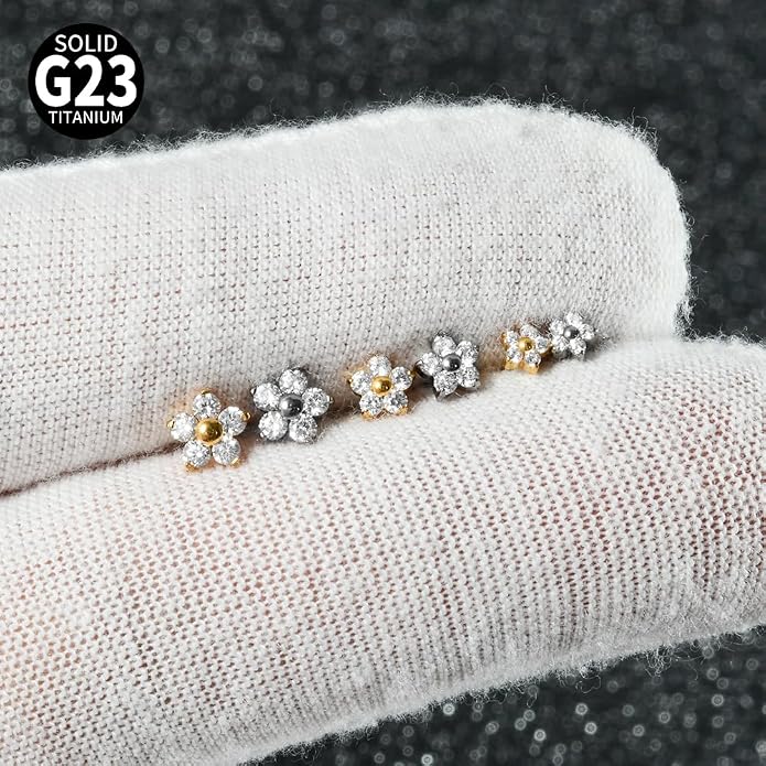 3PCS Titanium Mix Sizes Flower Zircon Lip Piercing Internal Thread Cz Small/Large Flower Labret Tragus Ear Cartilage Flat Piercing