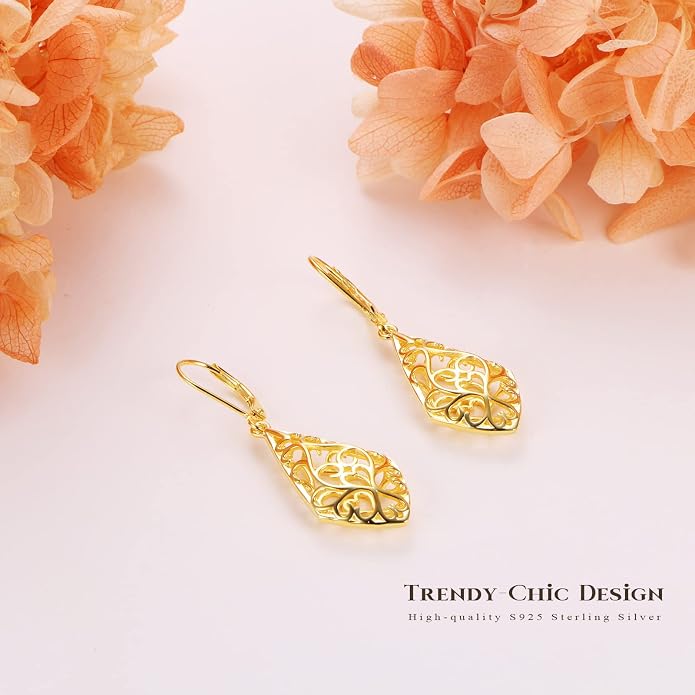 Sterling Silver Leverback Dangle Earrings for Women Teardrop Filigree 14K Gold Plated Dangly Earrings Mother’s Day Gift