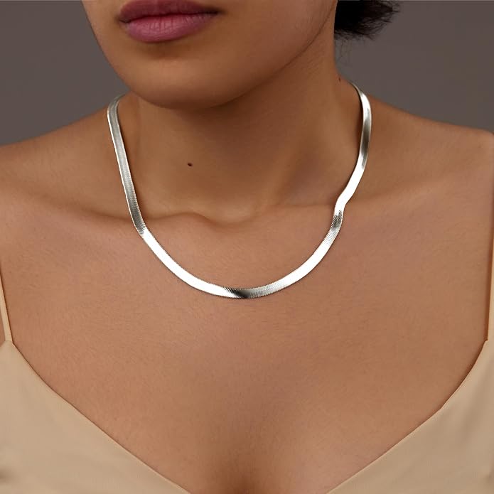 WomenGifts 14K Gold Silver Plated Herringbone Necklace for Women, Dainty Snake Chain Choker, Trendy Simple Long Layered Jewelry Non Tarnish, 3/4/5/8mm,14,16,18,20,22,24,26 Inch Thin & Chunky Options