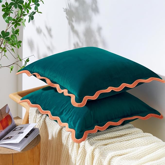MONDAY MOOSE Decorative Throw Pillow Covers Cushion Cases, Set of 2 Soft Velvet Scalloped Wavy Edge Designs, Mix and Match for Home Decor, Pillow Inserts Not Included (20x20 inch, Coral/Dark Teal)