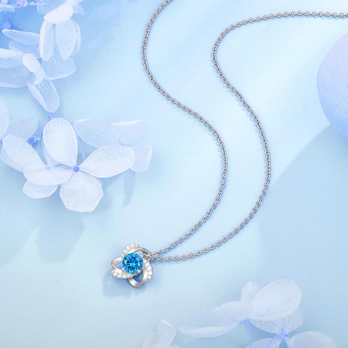 18K Gold Plated Love Knot Necklace for Women, 925 Sterling Silver Round cut Birthstone Pendant Necklace With Chain Lucky Flower Jewelry Gift