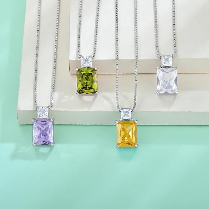 STARCHENIE Princess/Emerald Cut Birthstone Pendant Necklace for Women 925 Sterling Silver Birthday Anniversary Jewelry Gifts
