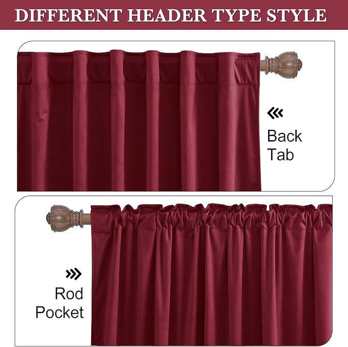 RYB HOME Burgundy Red Velvet Curtains for Christmas Decor, Soft Luxury Backdrops for Studio Theater, Back Tab Design for Bedroom Living Room, 42" W x L72 L, 2 Panels Set