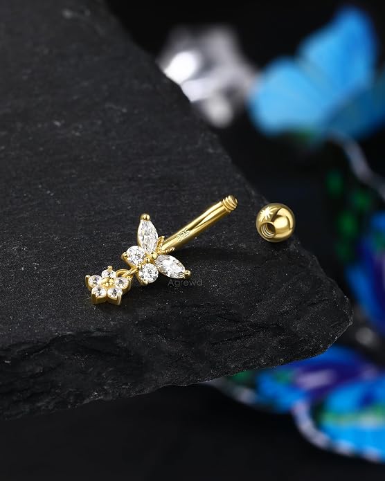 14K Gold Plated Belly Button Rings Dangle Belly Navel Rings for Women 925 Sterling Silver Navel Piercing Jewelry Surgical Steel