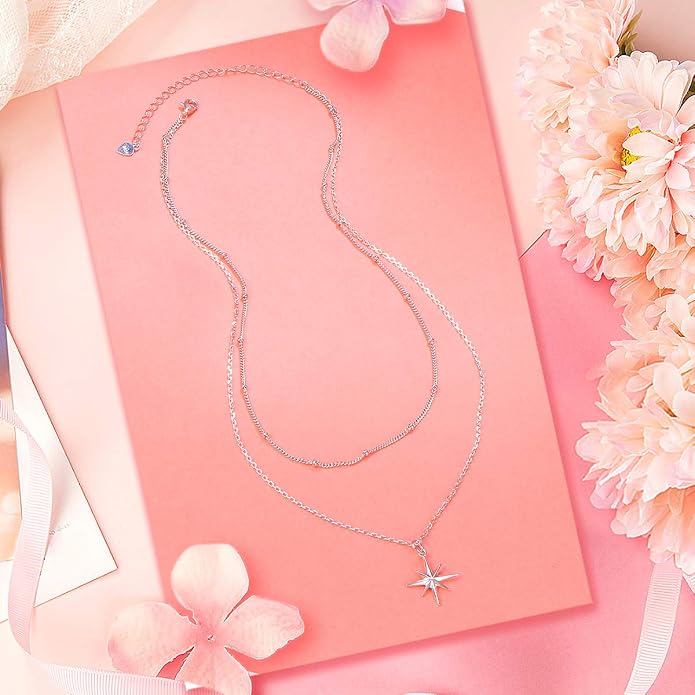 FLYOW Layered Choker Necklace S925 Sterling Silver Star Full Moon Daisy Flower Pendant Disc Jewelry Adjustable Clavicle Necklaces for Women Girls Birthday Gifts