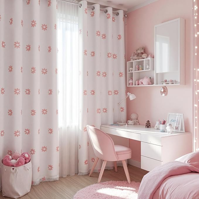MYSKY HOME Pink Floral Blackout Curtains for Living Room 84 Inches Long Light Blocking Curtain for Girls Bedroom 2 Panels Grommet 100% Room Darkening Window Drapes with Daisy Flower Sheer, 52 Wide