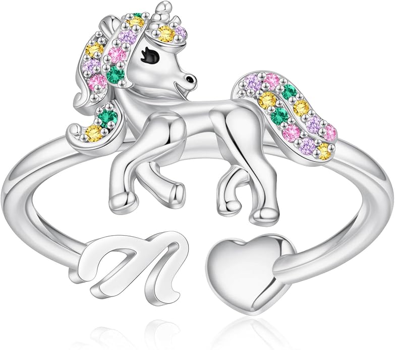 Unicorn Initial Rings for Teen Girls, Rose Gold/White Gold Plated Heart Initial Rings for Girls Adjustable Stackable Rings for Women Diny Heart Ring for Teen Girls Gifts Unicorns Gifts for Girls