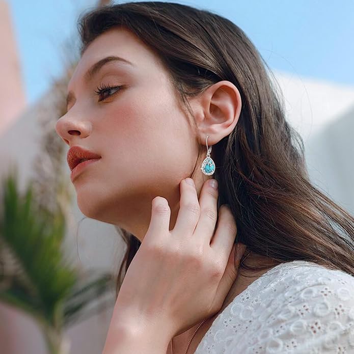 Vito 925 Sterling Silver Teardrop Earrings for Women, Moonstone Turquoise Drop Dangle Earrings Cat Snake Turtle Tree of Life Leverback Earrings Boho Jewelry Gift for Mom Wife