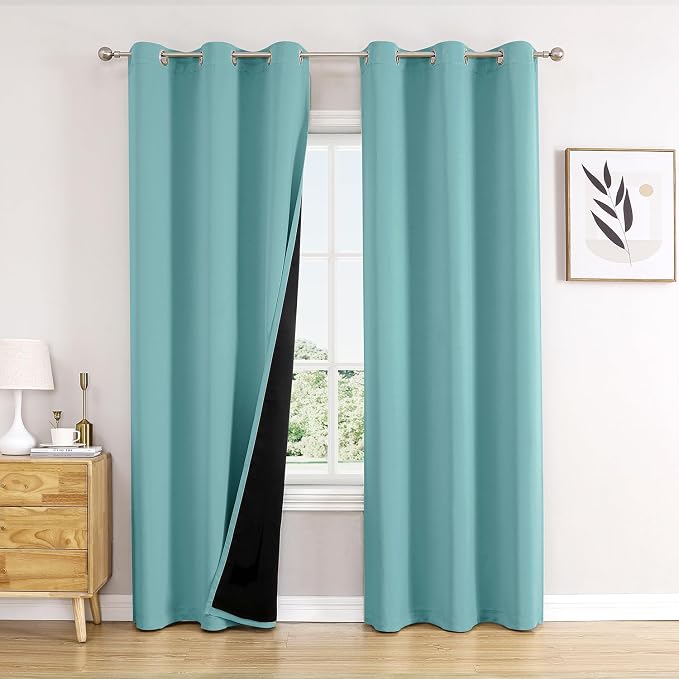 ChrisDowa 100% Blackout Curtains for Bedroom 84 Inches Long 2 Panels Set | 2 Thick Layers, Thermal Insulated, Light Blocking, Grommet, Window Treatment, Living Room Drapes, Aqua, 42 x 84 Inch