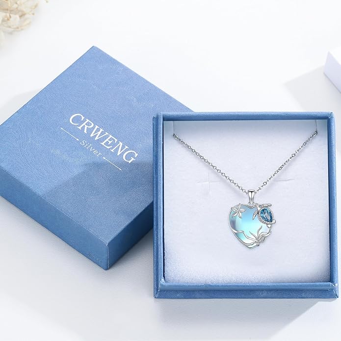 Sea Turtle/Seaweed Necklace for Women 925 Sterling Silver Heart of the Ocean Moonstone Pendant Necklace Turtle Moonstone Jewelry Gift for Wife Mom