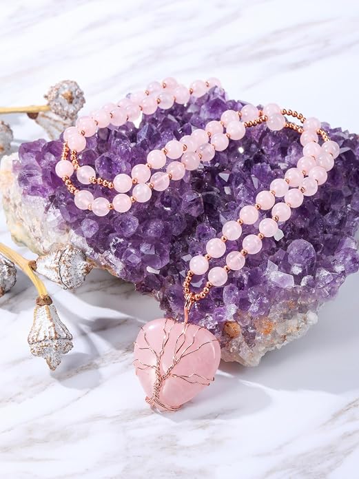 Top Plaza Healing Crystal Amethyst Necklace Natural Stone Beads Life Tree Wire Wrapped Teardrop Gemstone Pendant Jewelry for Women Mom
