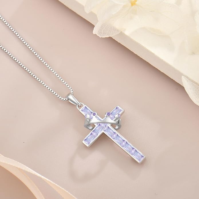 Gemstone Crown Cross Necklaces for Women, 925 Sterling Silver Rectangular cut Zircon Pendant With Rotated Crown Faith Cross Jewelry Gift