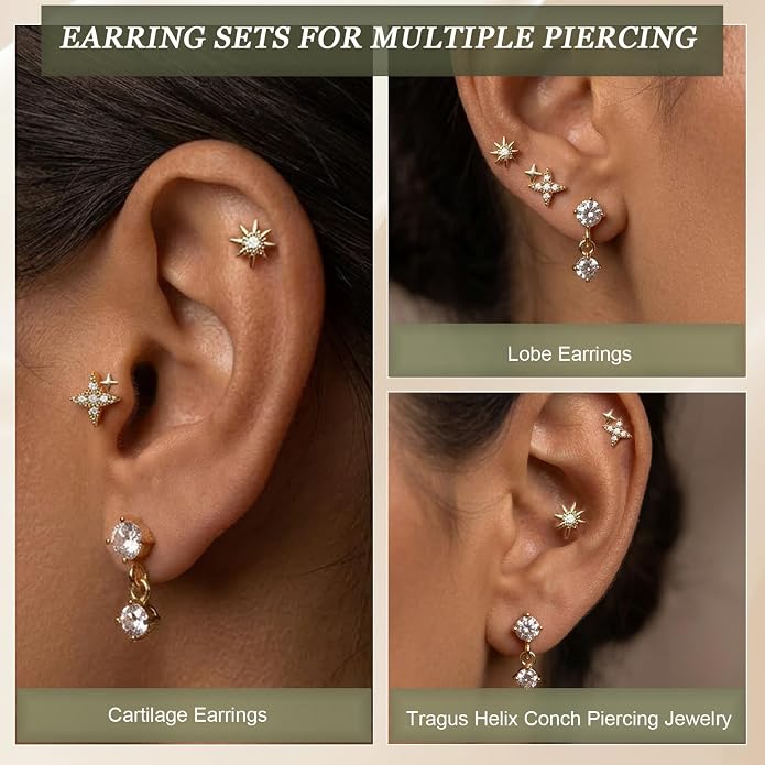 3 Pairs 20G Flat Back Earrings, G23 Titanium Hypoallergenic CZ Studs, 14K Gold Cartilage Helix Tragus Conch Piercing Jewelry for Women