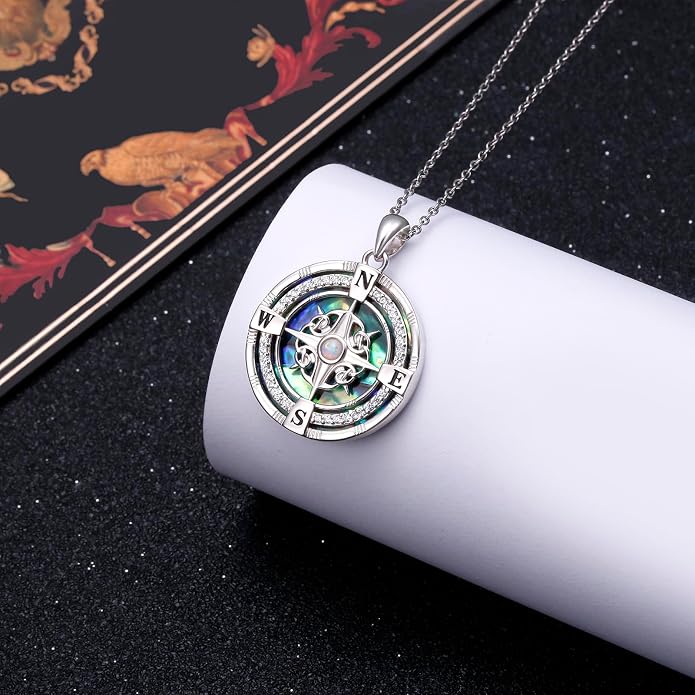 925 Sterling Silver Compass Moonstone Pendant Necklace Celtic Knot Abalone Shell Necklace Jewelry Gift for Women