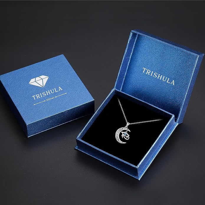TRISHULA Crescent Moon Necklace 925 Sterling Silver Eye of Horus Animal Moon Pendant with Heart Crystal Birthday Jewelry Gift for Women Christmas Gifts for Her