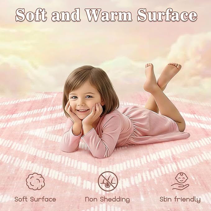 Boho Pink Washable Area Rugs 5x7ft for Living Room, Soft Bedroom Nursery Rugs Non Slip, Modern Thin Kids Playroom Floor Carpets for Dining Room Home Office Decor
