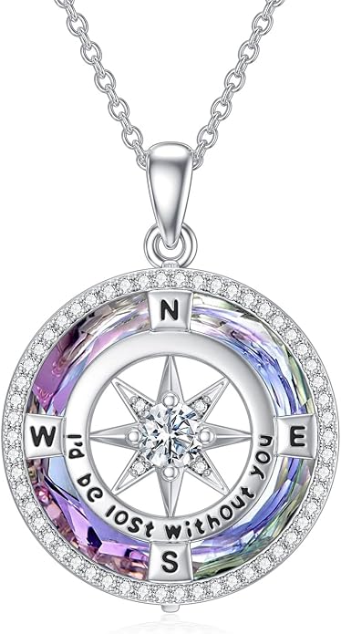 TOUPOP Necklace Gifts for Wife Compass Jewelry Women Anniversary Girlfriend Birthday Gift for Her Valentines I'd be Lost without You Sterling Silver Birthstone Necklaces