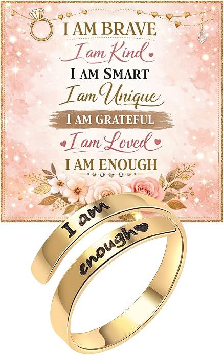I Am Enough Ring For Women, Self Love Silver Open Band Gold Rings Card Engraved Motivation Stackable Inspirational Neighbor Bestie Friendship Jewelry