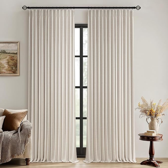 MIULEE Beige Pinch Pleated 100% Blackout Linen Curtains for Bedroom, Room Darkening Memory Trained Light Blocking Window Curtains 84 inches Long for Living Room, Black Out Pleat Drapes, 2 Panels