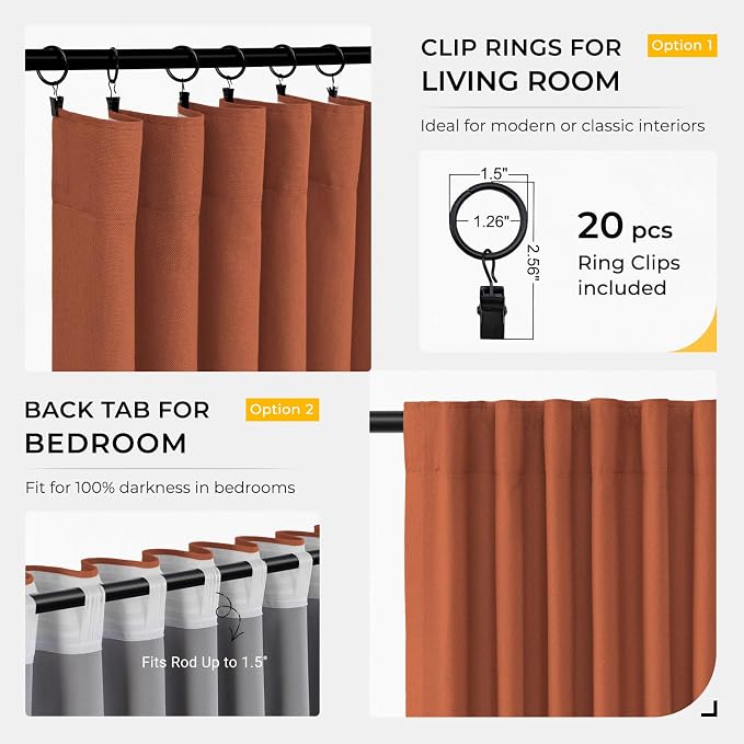 INOVADAY 100% Blackout Curtains for Bedroom, Orange Black Out Curtains 108 Inch Long, Clip Rings Linen Blackout Drapes, Thermal Insulated Room Darkening for Living Room, 2 Panels - W50xL108