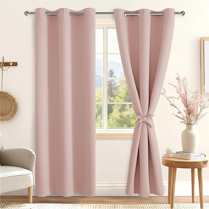 Hiasan Grommet Blackout Curtains for Bedroom, 42 x 84 Inches Long - Thermal Insulated Light Blocking Window Curtains for Living Room, 2 Drape Panels Sewn with Tiebacks, Blush