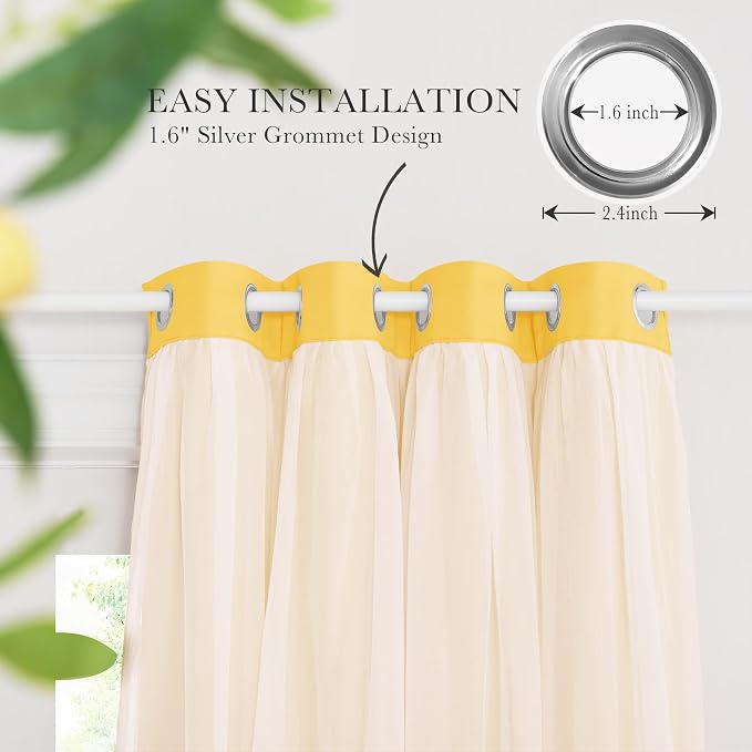PONY DANCE Blackout Curtains - Curtains 84 inches Long with Sheer Overlay Nursery Panels for Bedroom/Living/Dining Room, 52 W by 84 L, Lemon Yellow, 2 Pieces