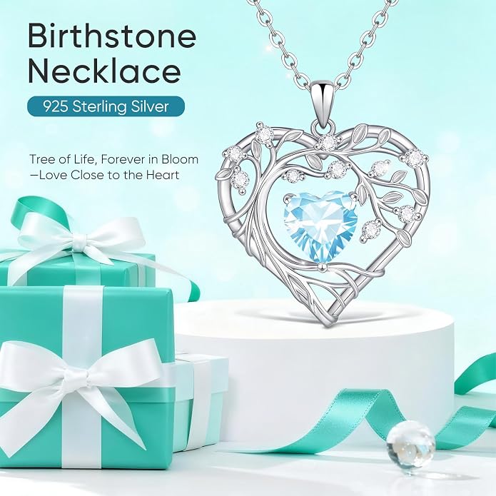Tree of Life Birthstone Pendant Necklace - 925 Sterling Silver Heart Cubic Zirconia Diamond Women Pendant Necklaces for Her Daughter Girlfriend Birthday Gift Ideas for Wife Mom for Valentines Day