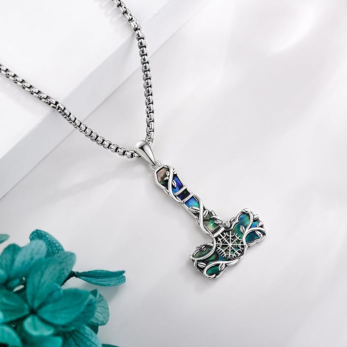 Thors Hammer Necklace 925 Sterling Silver Abalone Shell Mjolnir Amulet Pendant Nordic Jewelry for Women Men