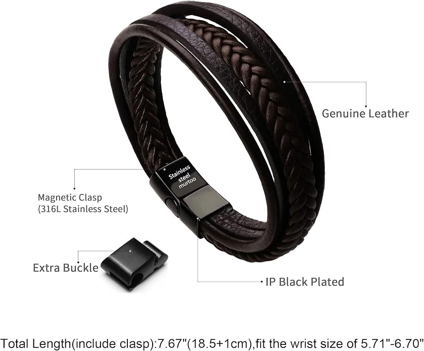 murtoo Mens Leather Bracelet with Clasp Cowhide Multi-Layer Braided Leather Mens Bracelet