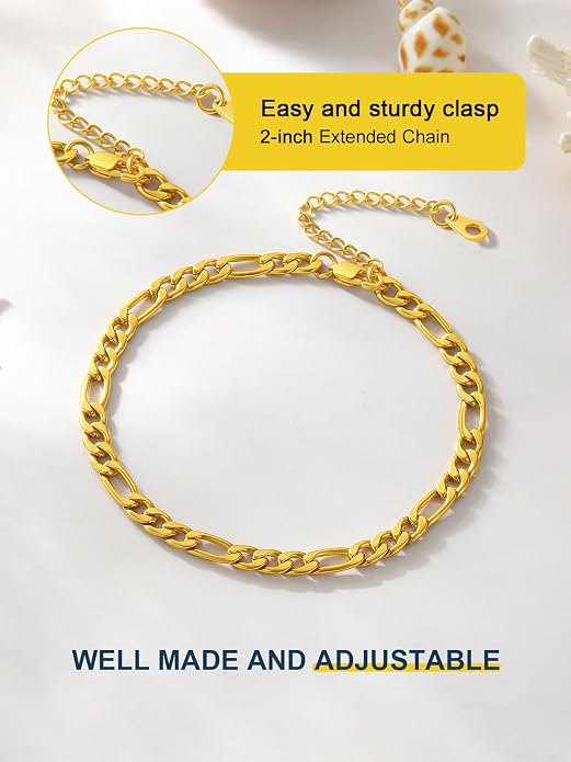 ChainsPro Resizable Anklet Chain for Women Men, Figaro/Wheat/Twist Rope/Cuban Foot Bracelet-Strong with Good Clasp-18K Gold Plated(Send Gift Box)