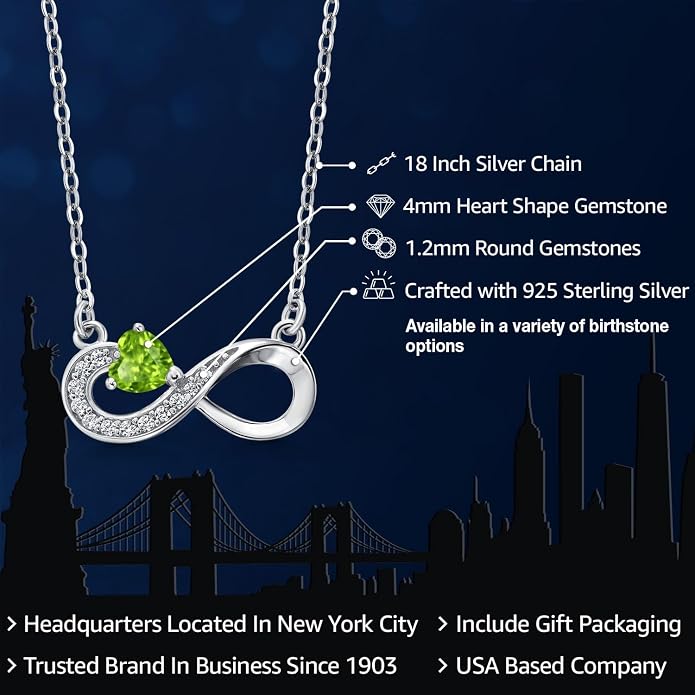 Gem Stone King Infinity Heart Pendant Necklace For Women | 925 Sterling Silver | 4MM Heart Shape Gemstone Birthstone | 18 Inch Silver Chain | Fine Jewelry Gift for Her Mom Women Wife
