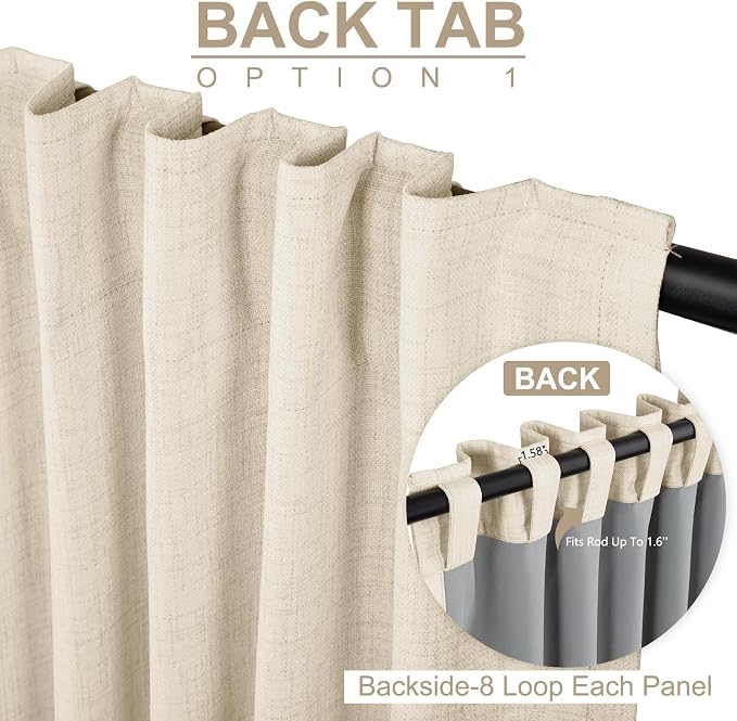 100% Blackout Shield Linen Blackout Curtains for Bedroom 72 Inches Long, Back Tab/Rod Pocket Living Room Drapes, Thermal Insulated Blackout Curtains 2 Panels Set, 50" W x 72" L,Cream Beige