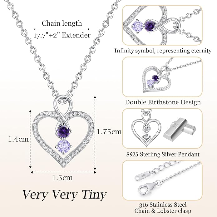 LOUISA SECRET Double Birthstone Necklaces for Women, 925 Sterling Silver Infinity Love Heart Pendant Necklace for Her, Birthday Anniversary Valentine's Day, Christmas, Wedding, Graduation Gift for Her, Personalized Gifts, Jewelry Gifts for Wife Mom Gir...