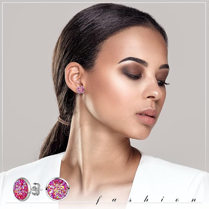 Epakh 64 Pairs Faux Druzy Stud Earrings Set Stainless Glitter Pierced Earrings for Women, 32 Colors