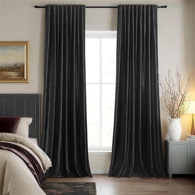 Black Blackout Velvet Curtains 72 inch for Living Room,Full Blackout Elegant 2 Panels Back Tab Thermal Insulated Room Darkening Liner Curtain Heavy Noice Reducing Soundproof Window Drapes for Bedroom